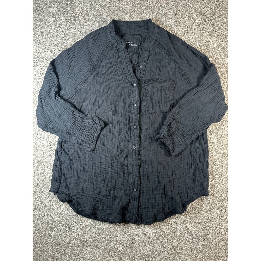 Aerie Black Double Gauze Cotton Button Down Shirt Oversized Frayed XS